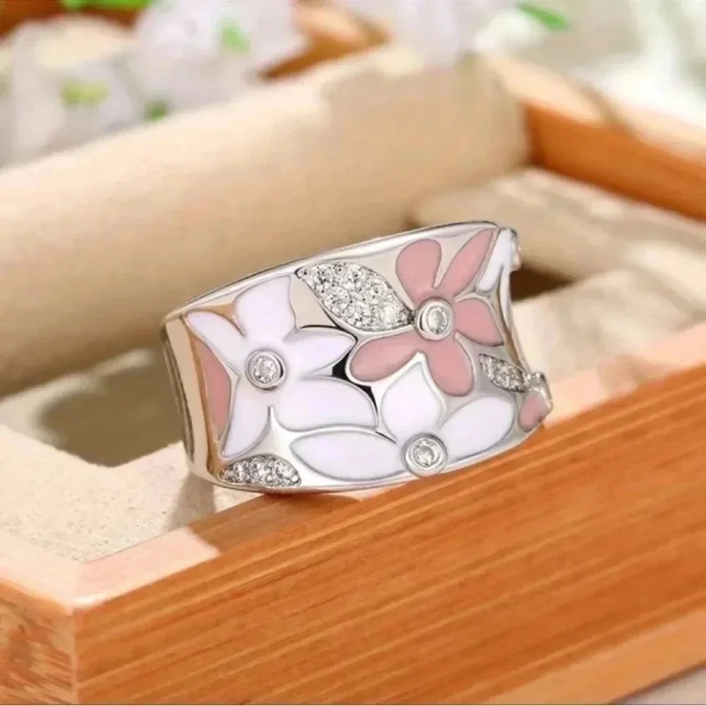 Silver Pink & White Flower Zircon Ring